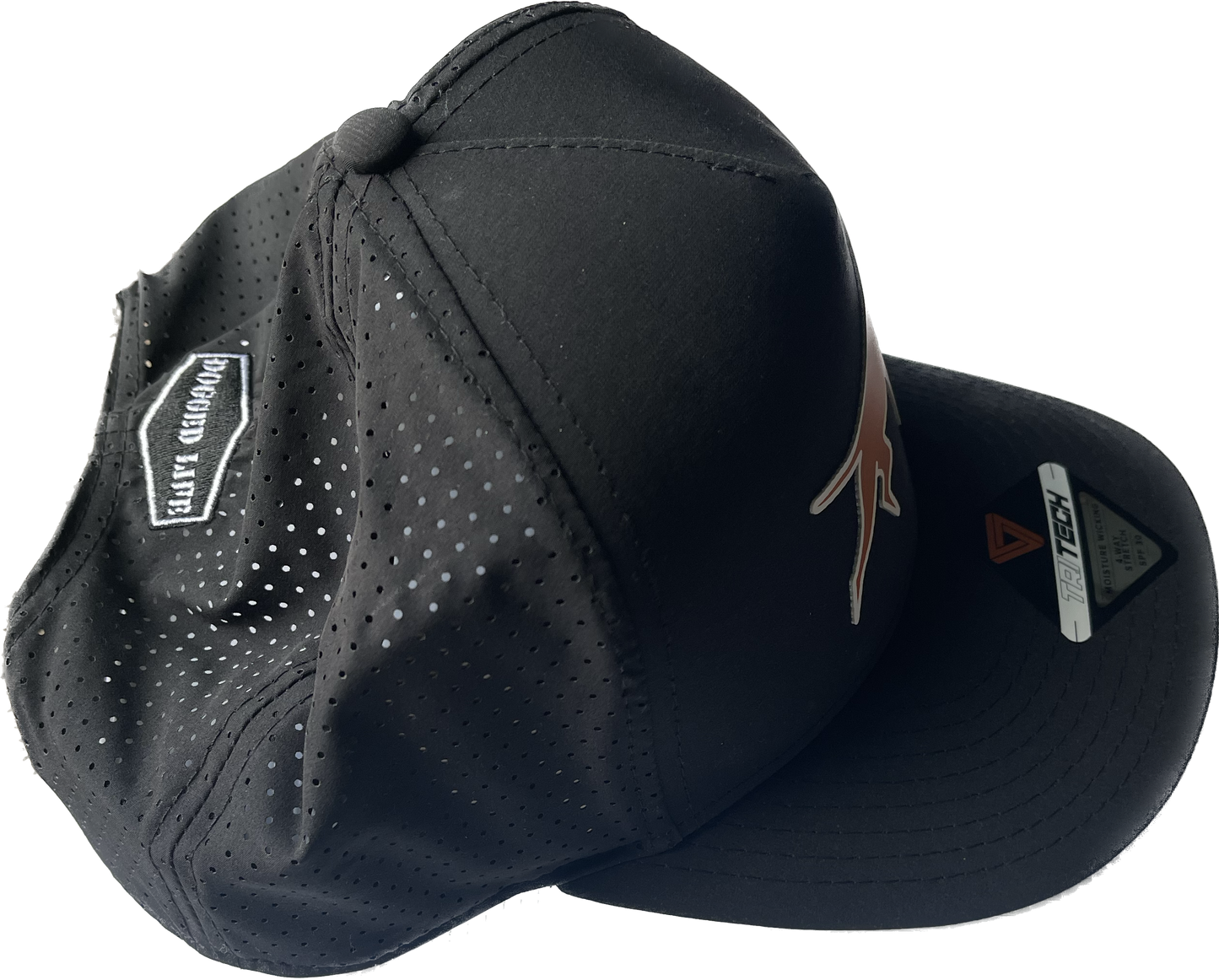 Dogged Life Black Perforated Tritech cap with Bongo Patch, moisture-wicking, SPF 30, lightweight design.